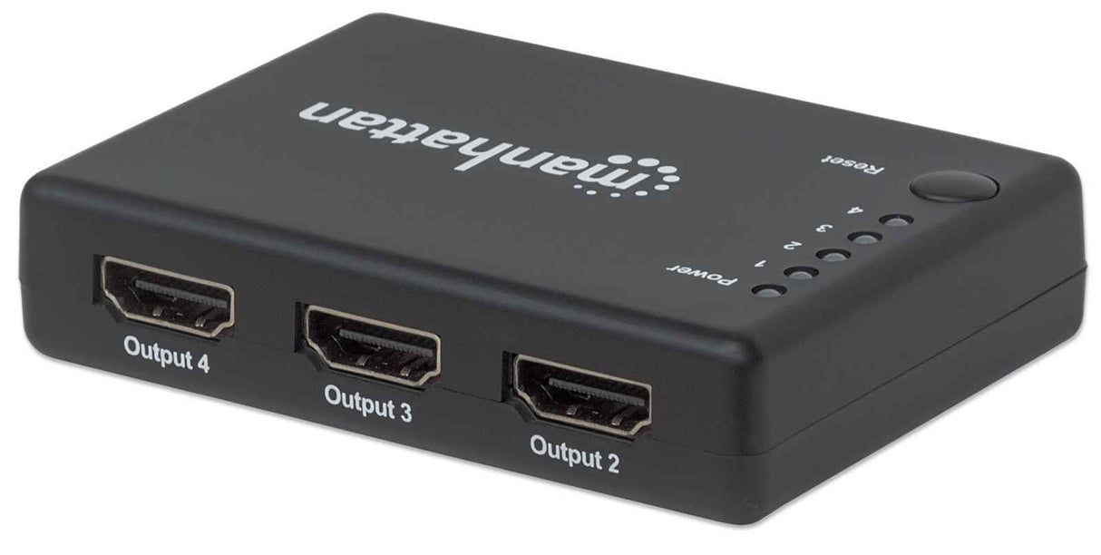 Manhattan HDMI Splitter 4-Port (Compact), 4K@30Hz, Displays output from x1 HDMI source to x4 HD displays (same output to four displays), AC Powered (cable 0.7m), Black, Three Year Warranty