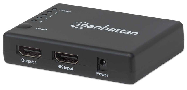 Manhattan HDMI Splitter 4-Port (Compact), 4K@30Hz, Displays output from x1 HDMI source to x4 HD displays (same output to four displays), AC Powered (cable 0.7m), Black, Three Year Warranty