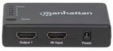 Manhattan HDMI Splitter 4-Port (Compact), 4K@30Hz, Displays output from x1 HDMI source to x4 HD displays (same output to four displays), AC Powered (cable 0.7m), Black, Three Year Warranty