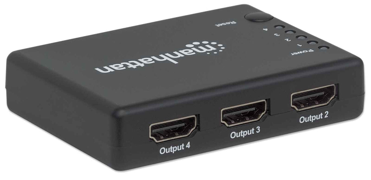 Manhattan HDMI Splitter 4-Port (Compact), 4K@30Hz, Displays output from x1 HDMI source to x4 HD displays (same output to four displays), AC Powered (cable 0.7m), Black, Three Year Warranty