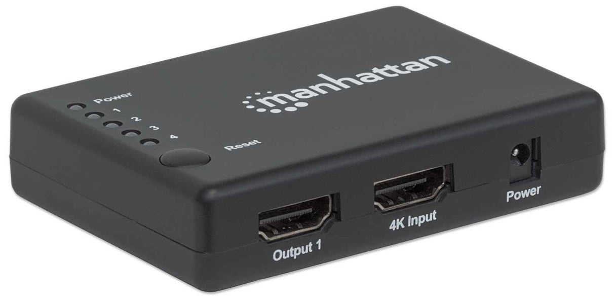 Manhattan HDMI Splitter 4-Port (Compact), 4K@30Hz, Displays output from x1 HDMI source to x4 HD displays (same output to four displays), AC Powered (cable 0.7m), Black, Three Year Warranty