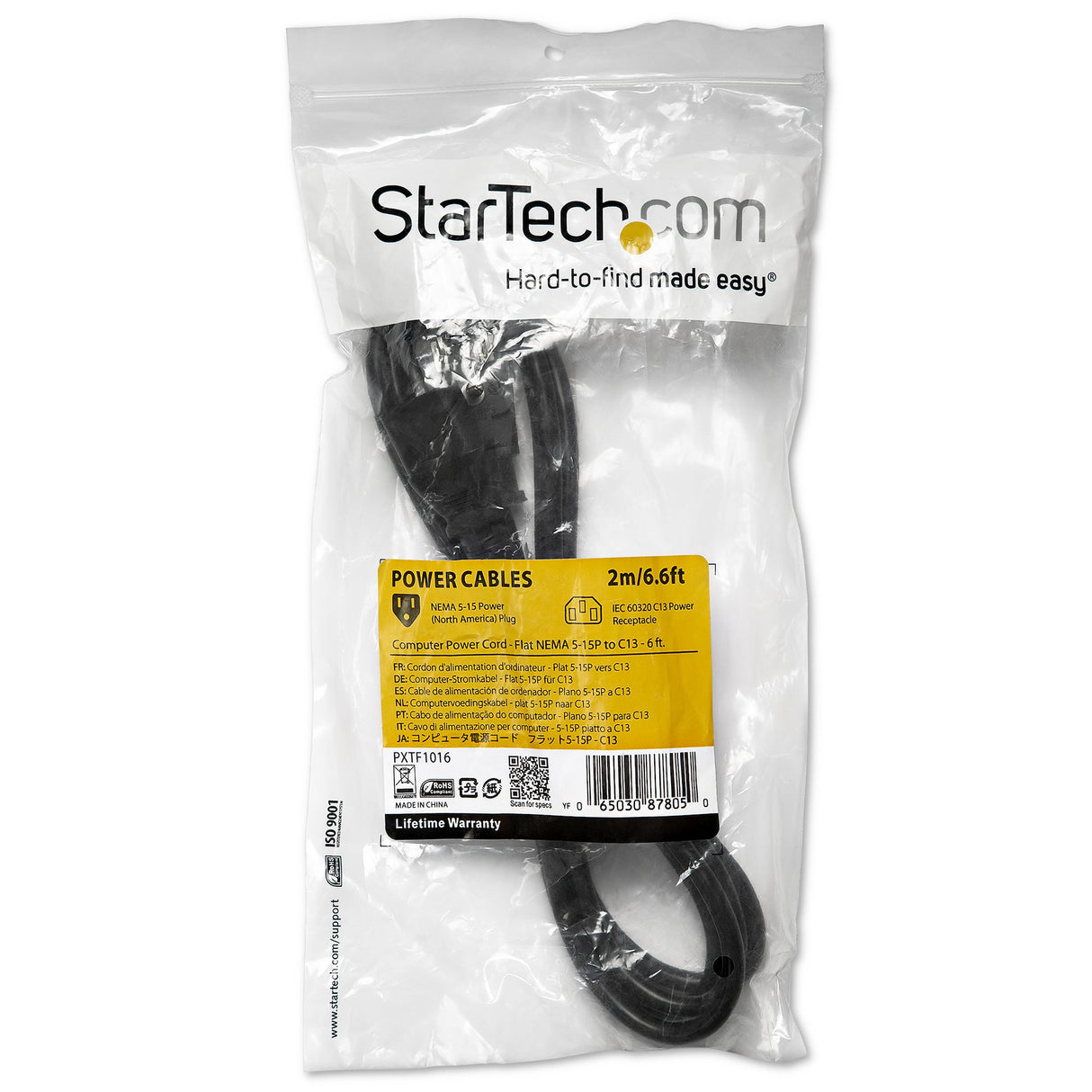 StarTech.com 6ft (1.8m) Computer Power Cord, Flat NEMA 5-15P to C13, 10A 125V, 18AWG, Black Replacement AC Power Cord, Printer Power Cord, PC Power Supply Cable, Monitor Power Cable - UL Listed
