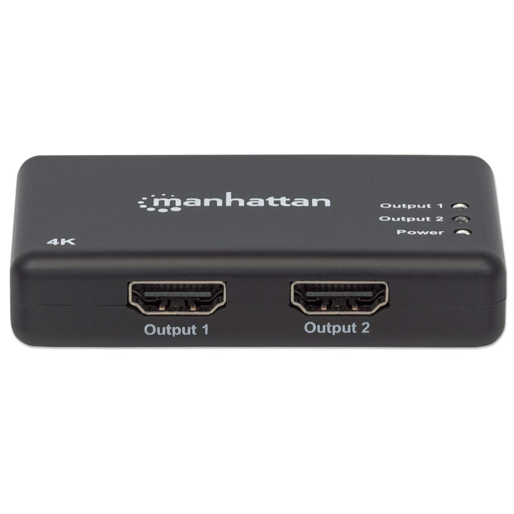 Manhattan HDMI Splitter 2-Port , 4K@30Hz, Displays output from x1 HDMI source to x2 HD displays (same output to both displays), AC Powered (cable 0.9m), Black, Three Year Warranty