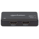 Manhattan HDMI Splitter 2-Port , 4K@30Hz, Displays output from x1 HDMI source to x2 HD displays (same output to both displays), AC Powered (cable 0.9m), Black, Three Year Warranty