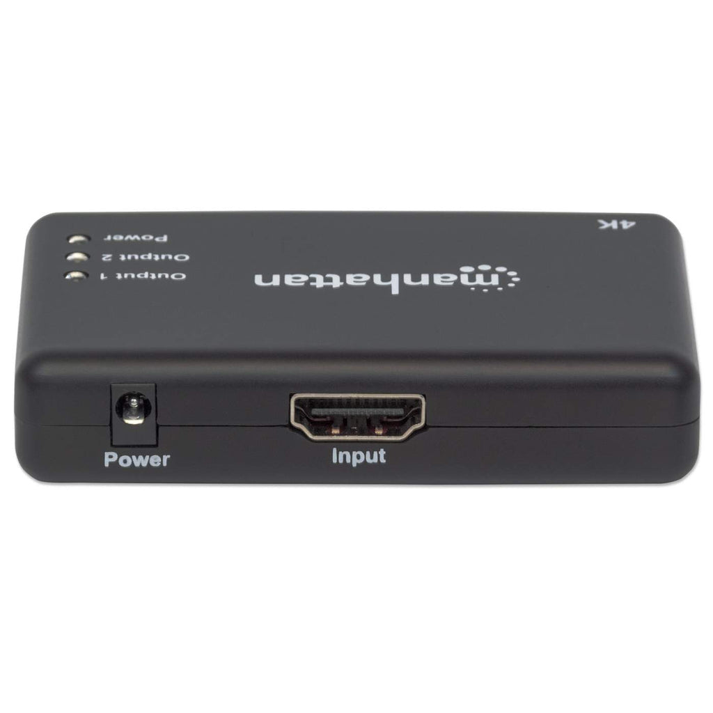 Manhattan HDMI Splitter 2-Port , 4K@30Hz, Displays output from x1 HDMI source to x2 HD displays (same output to both displays), AC Powered (cable 0.9m), Black, Three Year Warranty