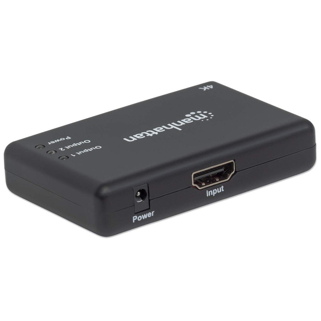 Manhattan HDMI Splitter 2-Port , 4K@30Hz, Displays output from x1 HDMI source to x2 HD displays (same output to both displays), AC Powered (cable 0.9m), Black, Three Year Warranty
