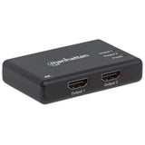 Manhattan HDMI Splitter 2-Port , 4K@30Hz, Displays output from x1 HDMI source to x2 HD displays (same output to both displays), AC Powered (cable 0.9m), Black, Three Year Warranty