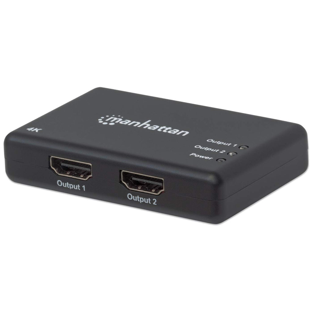 Manhattan HDMI Splitter 2-Port , 4K@30Hz, Displays output from x1 HDMI source to x2 HD displays (same output to both displays), AC Powered (cable 0.9m), Black, Three Year Warranty