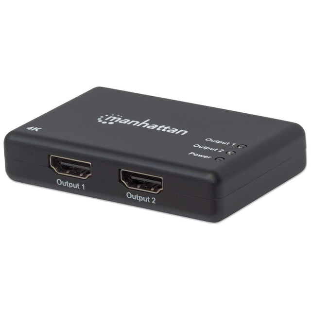 Manhattan HDMI Splitter 2-Port , 4K@30Hz, Displays output from x1 HDMI source to x2 HD displays (same output to both displays), AC Powered (cable 0.9m), Black, Three Year Warranty