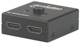 Manhattan HDMI Switch 2-Port, 4K@30Hz, Bi-Directional, Black, Displays output from x1 HDMI source to x2 HD displays (same output to both displays) or Connects x2 HDMI sources to x1 display, Manual Selection, No external power required, 3 Year...