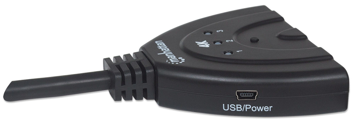 Manhattan HDMI Switch 3-Port, 4K@60Hz, Connects x3 HDMI sources to x1 display, Manual Switching (via button), Integrated Cable (58cm), No external power required, Black, Three Year Warranty