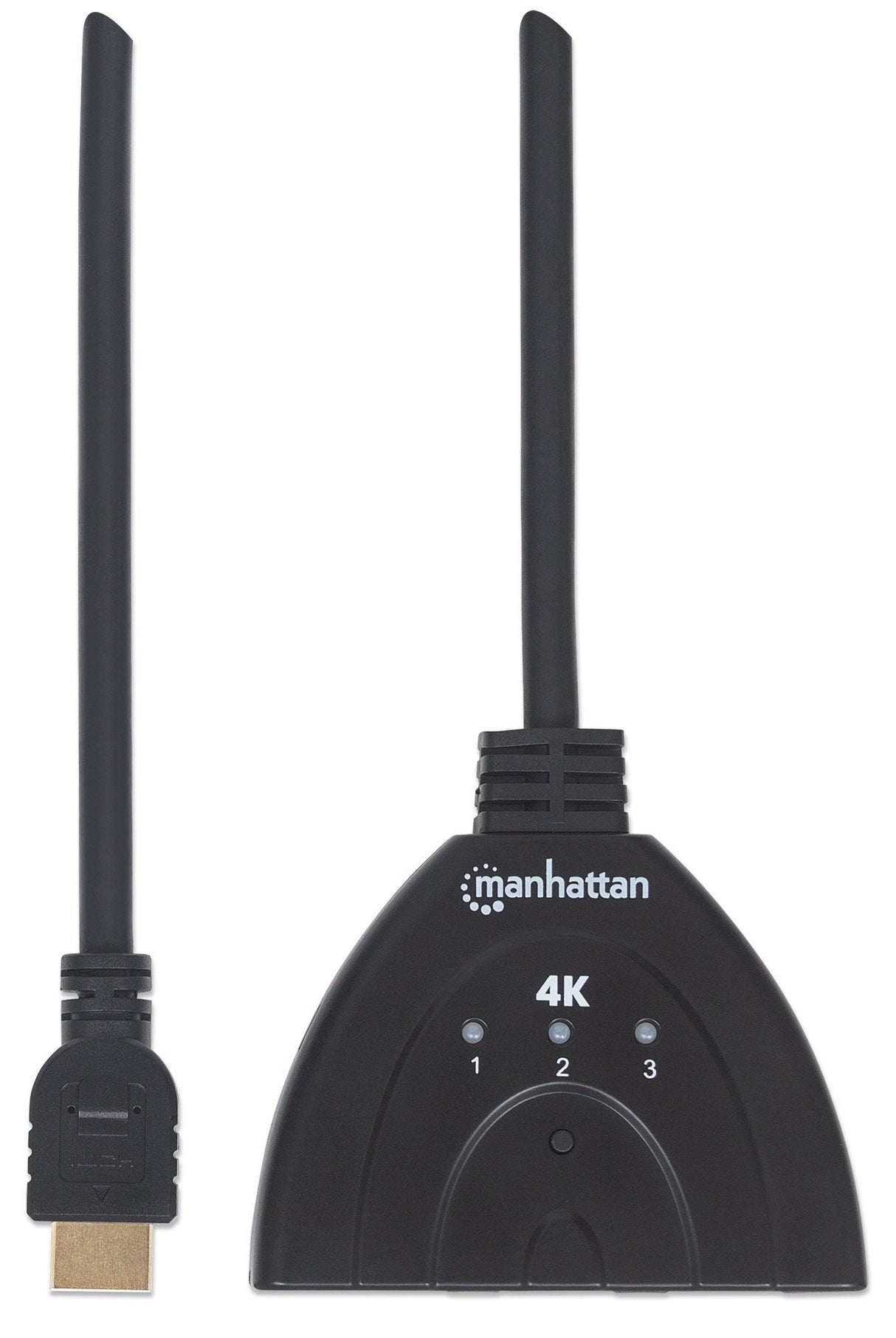 Manhattan HDMI Switch 3-Port, 4K@60Hz, Connects x3 HDMI sources to x1 display, Manual Switching (via button), Integrated Cable (58cm), No external power required, Black, Three Year Warranty