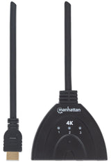 Manhattan HDMI Switch 3-Port, 4K@60Hz, Connects x3 HDMI sources to x1 display, Manual Switching (via button), Integrated Cable (58cm), No external power required, Black, Three Year Warranty
