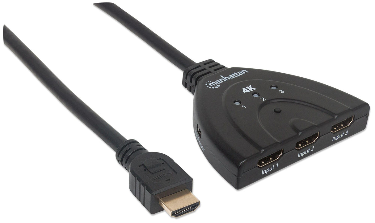 Manhattan HDMI Switch 3-Port, 4K@60Hz, Connects x3 HDMI sources to x1 display, Manual Switching (via button), Integrated Cable (58cm), No external power required, Black, Three Year Warranty