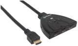 Manhattan HDMI Switch 3-Port, 4K@60Hz, Connects x3 HDMI sources to x1 display, Manual Switching (via button), Integrated Cable (58cm), No external power required, Black, Three Year Warranty