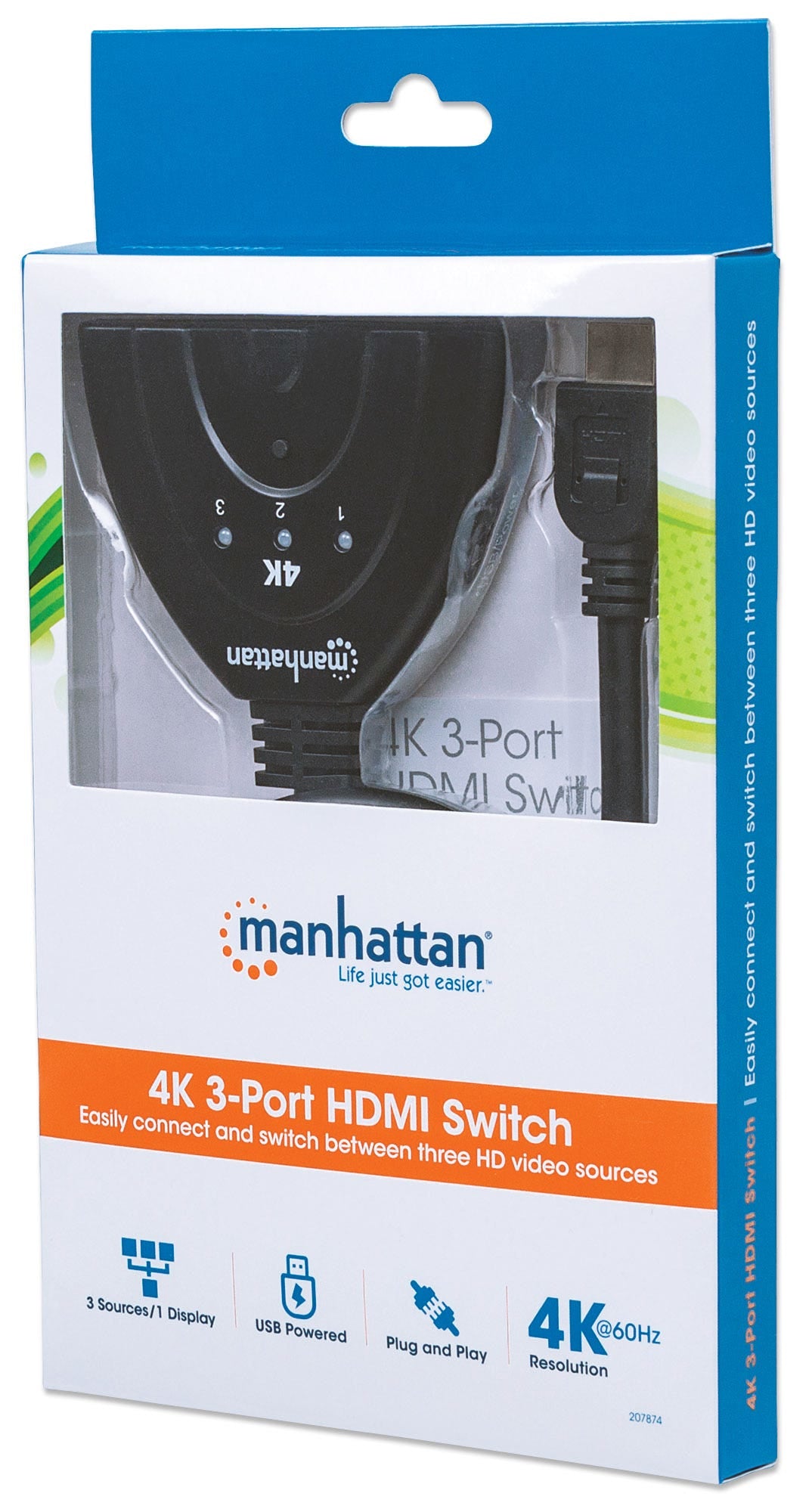 Manhattan HDMI Switch 3-Port, 4K@60Hz, Connects x3 HDMI sources to x1 display, Manual Switching (via button), Integrated Cable (58cm), No external power required, Black, Three Year Warranty