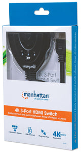 Manhattan HDMI Switch 3-Port, 4K@60Hz, Connects x3 HDMI sources to x1 display, Manual Switching (via button), Integrated Cable (58cm), No external power required, Black, Three Year Warranty
