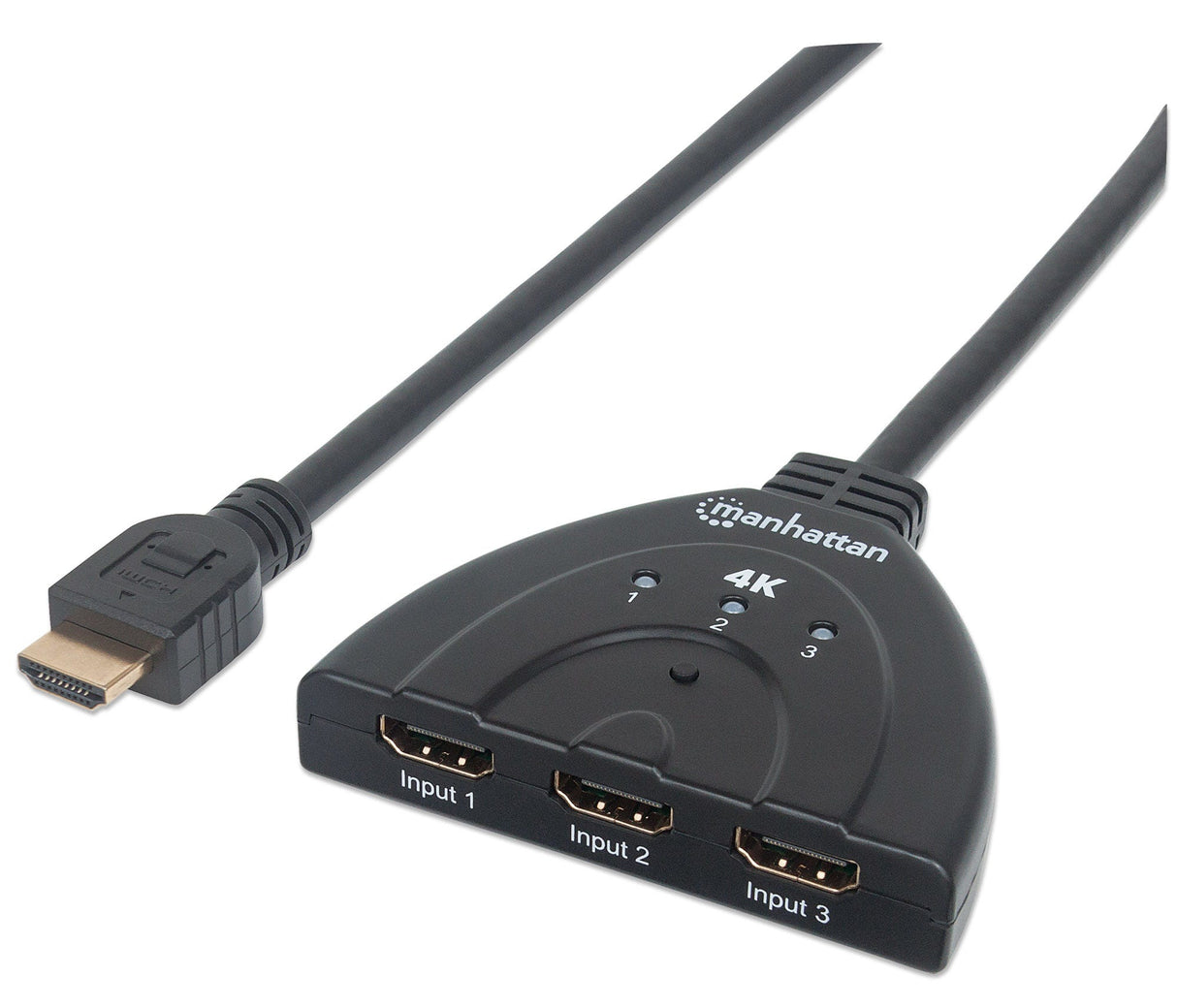 Manhattan HDMI Switch 3-Port, 4K@60Hz, Connects x3 HDMI sources to x1 display, Manual Switching (via button), Integrated Cable (58cm), No external power required, Black, Three Year Warranty