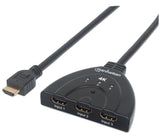 Manhattan HDMI Switch 3-Port, 4K@60Hz, Connects x3 HDMI sources to x1 display, Manual Switching (via button), Integrated Cable (58cm), No external power required, Black, Three Year Warranty