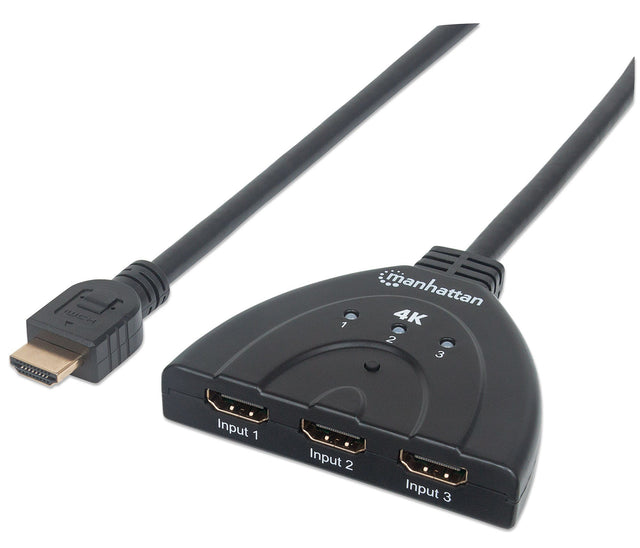 Manhattan HDMI Switch 3-Port, 4K@60Hz, Connects x3 HDMI sources to x1 display, Manual Switching (via button), Integrated Cable (58cm), No external power required, Black, Three Year Warranty