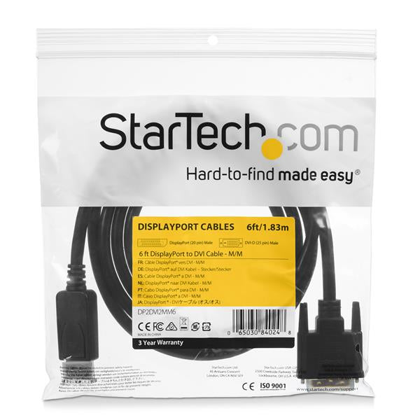 StarTech.com 6ft (1.8m) DisplayPort to DVI Cable, DisplayPort to DVI Adapter Cable, Passive DP to DVI-D Video Converter, 1080p - Replacement for DP2DVIMM6
