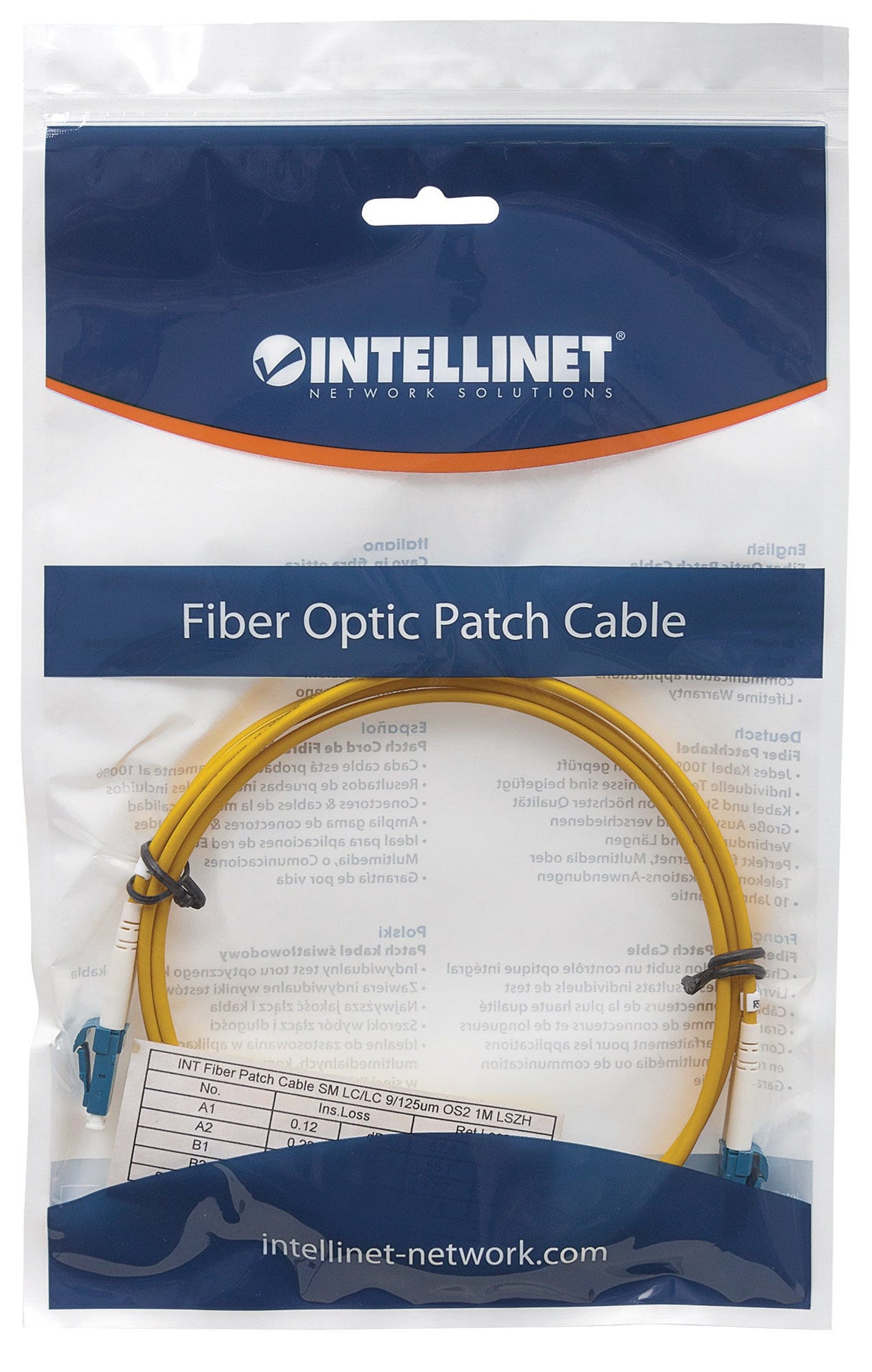 Intellinet Fiber Optic Patch Cable, OS2, LC/LC, 10m, Yellow, Duplex, Single-Mode, 9/125 µm, LSZH, Fibre, Lifetime Warranty, Polybag