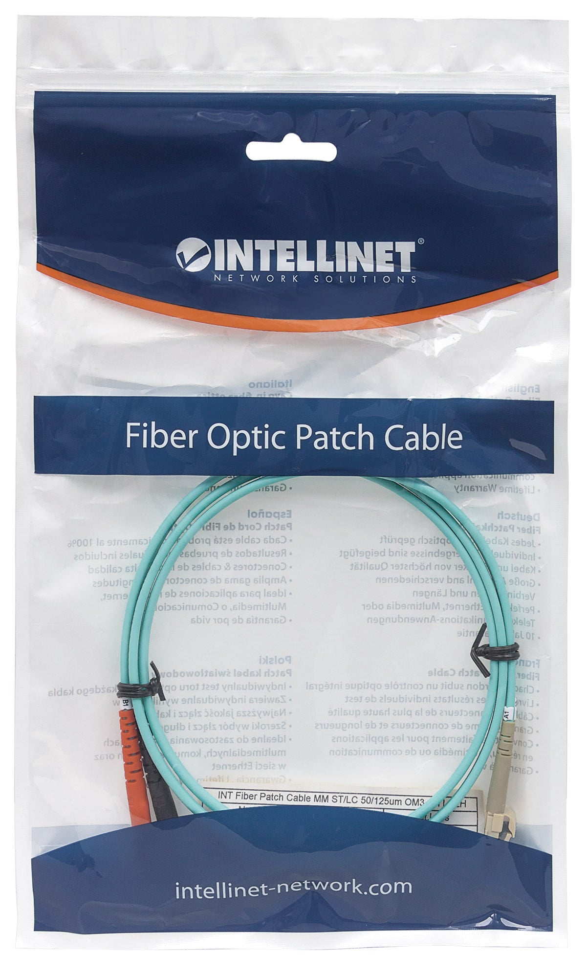Intellinet Fiber Optic Patch Cable, OM3, ST/LC, 10m, Aqua, Duplex, Multimode, 50/125 µm, LSZH, Fibre, Lifetime Warranty, Polybag