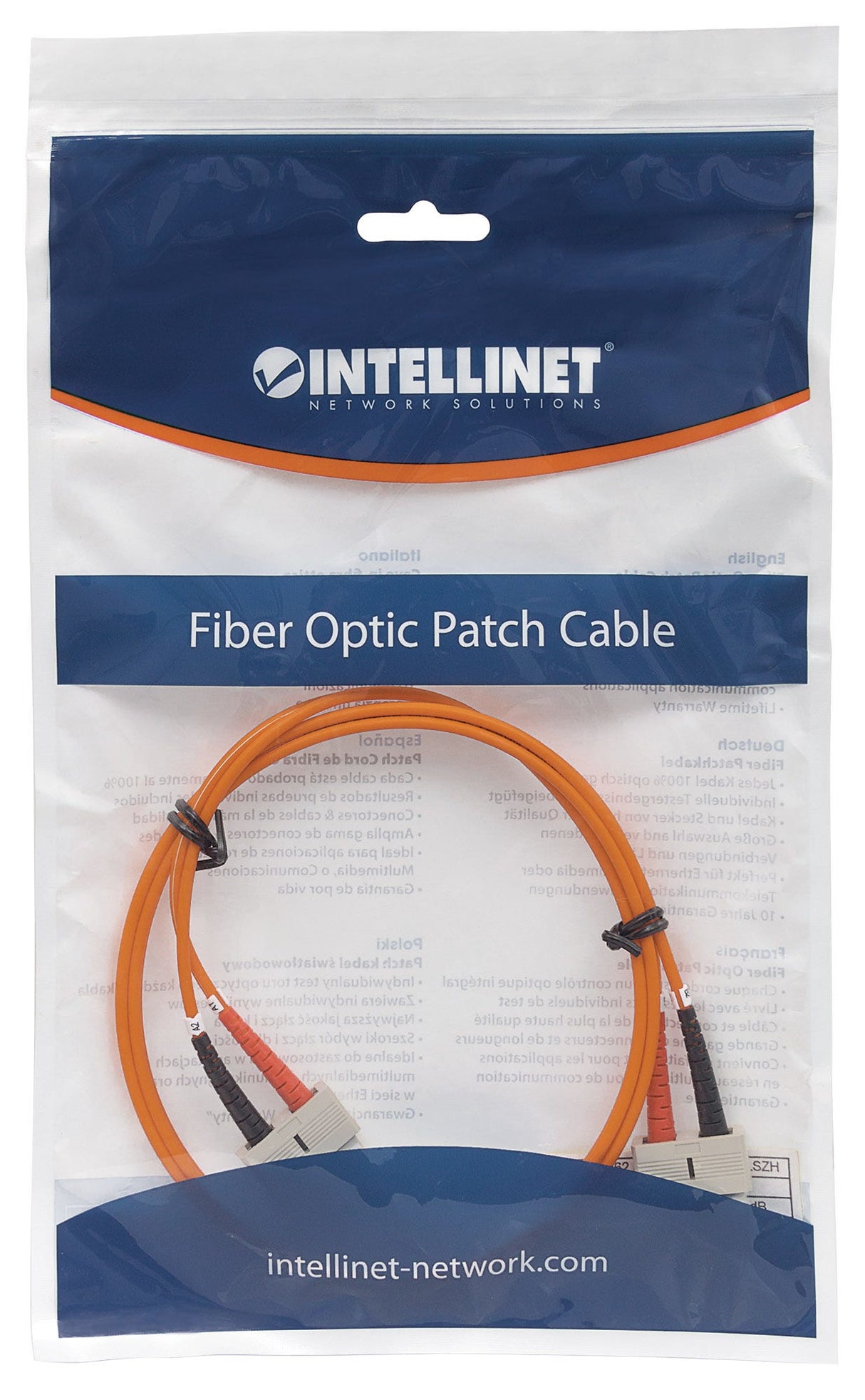 Intellinet Fiber Optic Patch Cable, OM1, SC/SC, 10m, Orange, Duplex, Multimode, 62.5/125 µm, LSZH, Fibre, Lifetime Warranty, Polybag