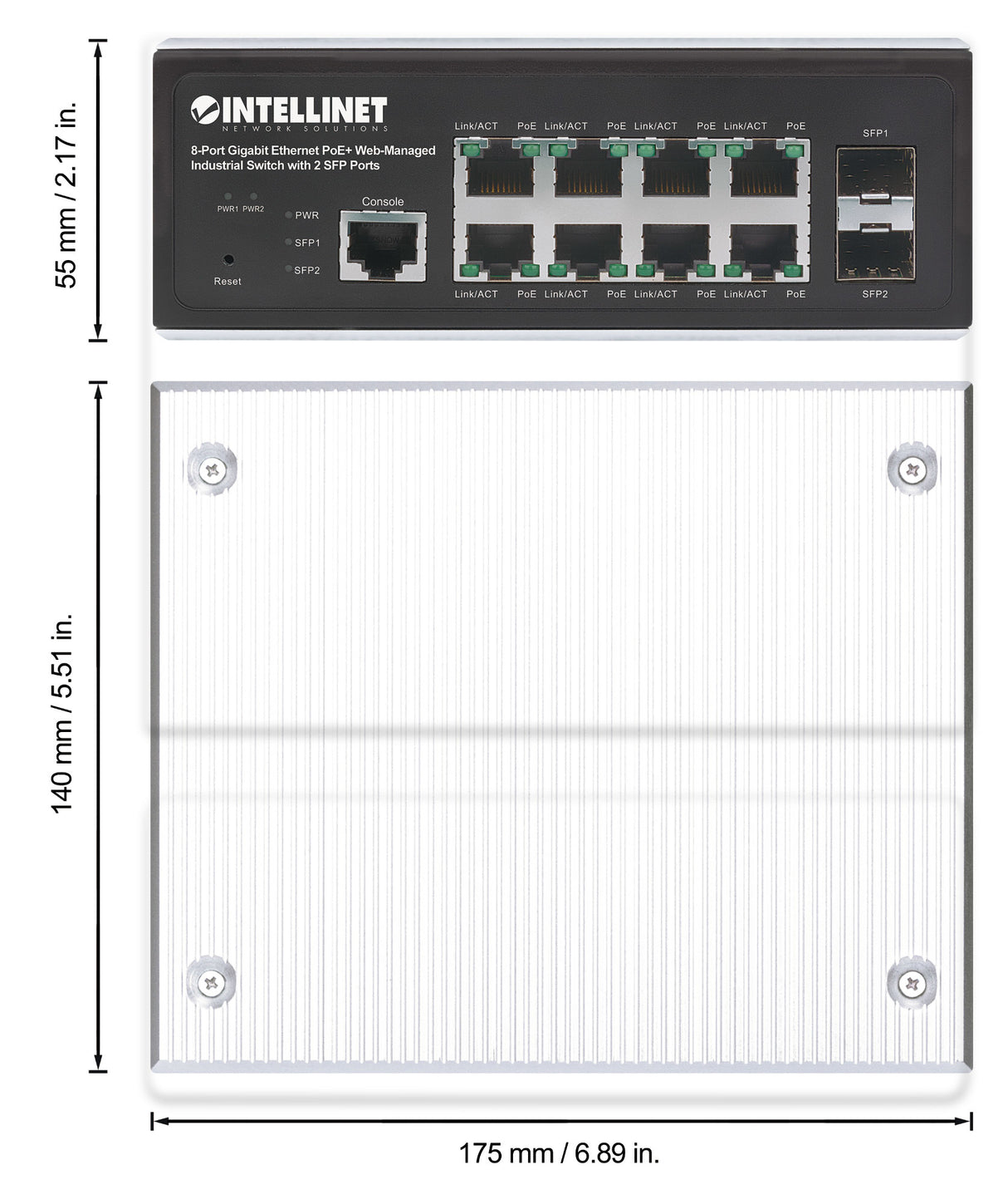 Intellinet Industrial 8-Port Gigabit Ethernet PoE+ Layer 2+ Web-Managed Switch with 2 SFP Ports IEEE 802.3at/af (PoE+/PoE) Compliant, PoE Power Budget up to 240 W, Layer 2+/Layer 3 Lite, IP30-Rated Metal Housing, Self-Healing Network, Endspan...