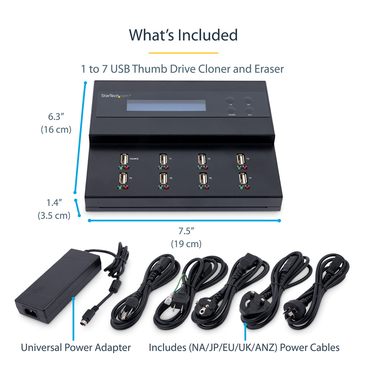 StarTech.com Standalone 1 to 7 USB Thumb Drive Duplicator and Eraser, Multiple USB Flash Drive Copier, System and File and Whole-Drive Copy at 1.5 GB/min, Single and 3-Pass Erase, LCD Display - TAA