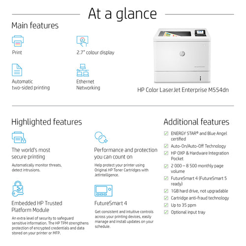 HP Color LaserJet Enterprise LaserJet Enterprise M554dn Color Printer, Ethernet Only; Duplex
