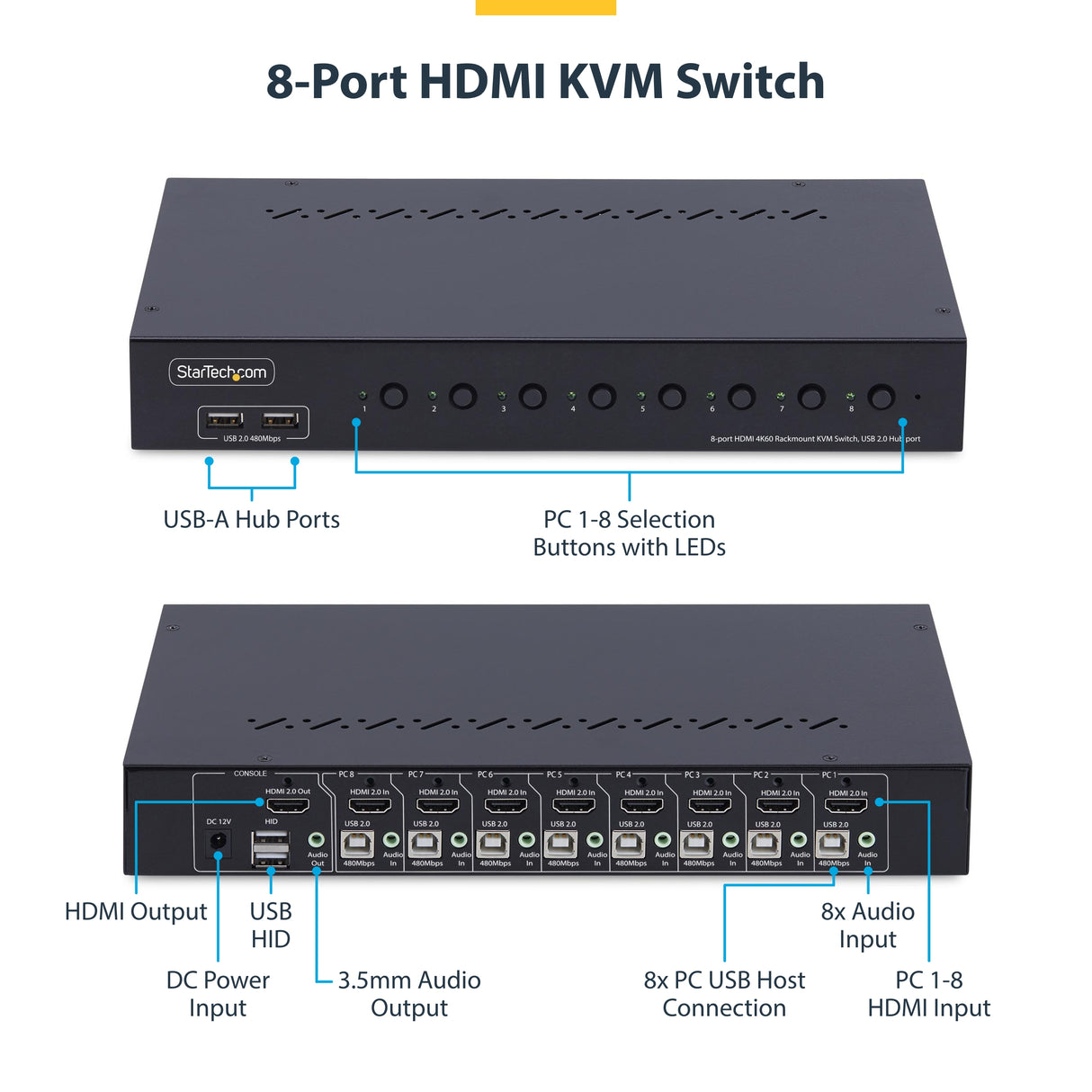 StarTech.com 8-Port HDMI KVM Switch with 1U Rack Mount Kit, 4K 60Hz HDMI 2.0, Push-Button & Hotkey Switching, 4-Port USB Hub, OS Independent, TAA Compliant