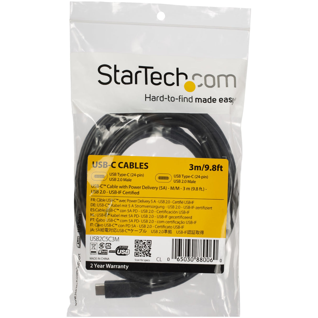 StarTech.com 10ft (3m) USB-C Fast Charging Cable, Charge & Sync, 100W (5A) PD, USB 2.0, USB-IF Certified - USB C Charging Cord