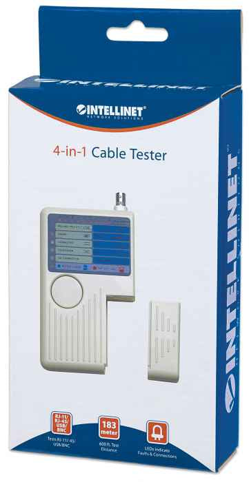 Intellinet 4-in-1 Cable Tester, RJ-11, RJ-45, USB and BNC, One Button Test