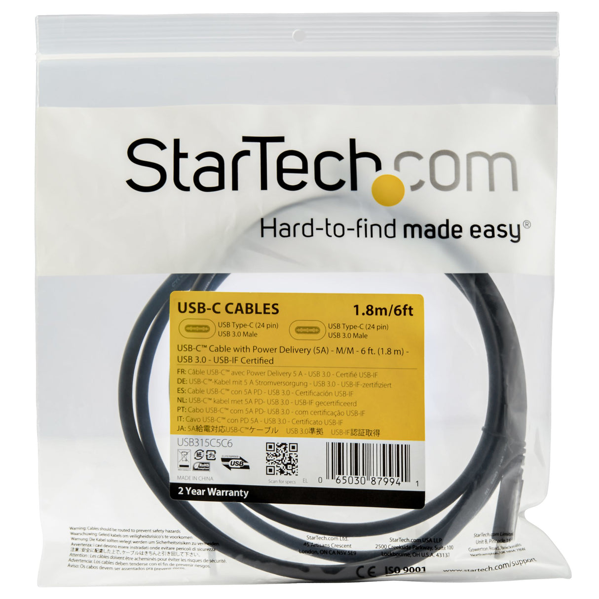 StarTech.com 6ft (1.8m) USB-C Cable, USB 5Gbps, 100W (5A) Power Delivery, Certified Works with Chromebook, 4K 60Hz DP Alt Mode, USB-IF Certified - Thunderbolt Compatible