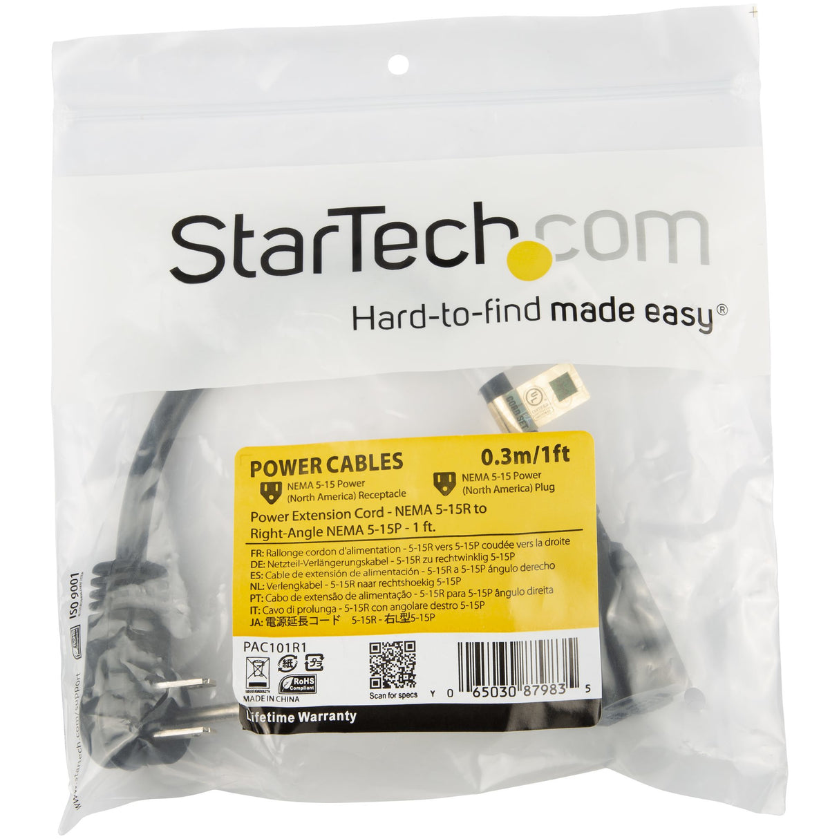 StarTech.com 3ft (1m) Power Extension Cord, Right Angle NEMA 5-15P to NEMA 5-15R, 13A 125V, 16AWG, Black Computer Power Extension Cord, Flat Extension Cord, AC Outlet Extension Cable, UL Listed