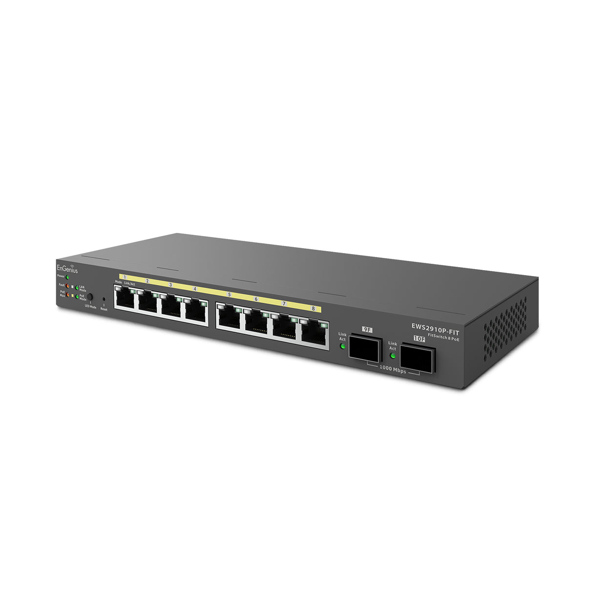 EnGenius Switch 8-port GbE PoE.af/at(+) 55W, 2xSFP Desktop wall-mountable