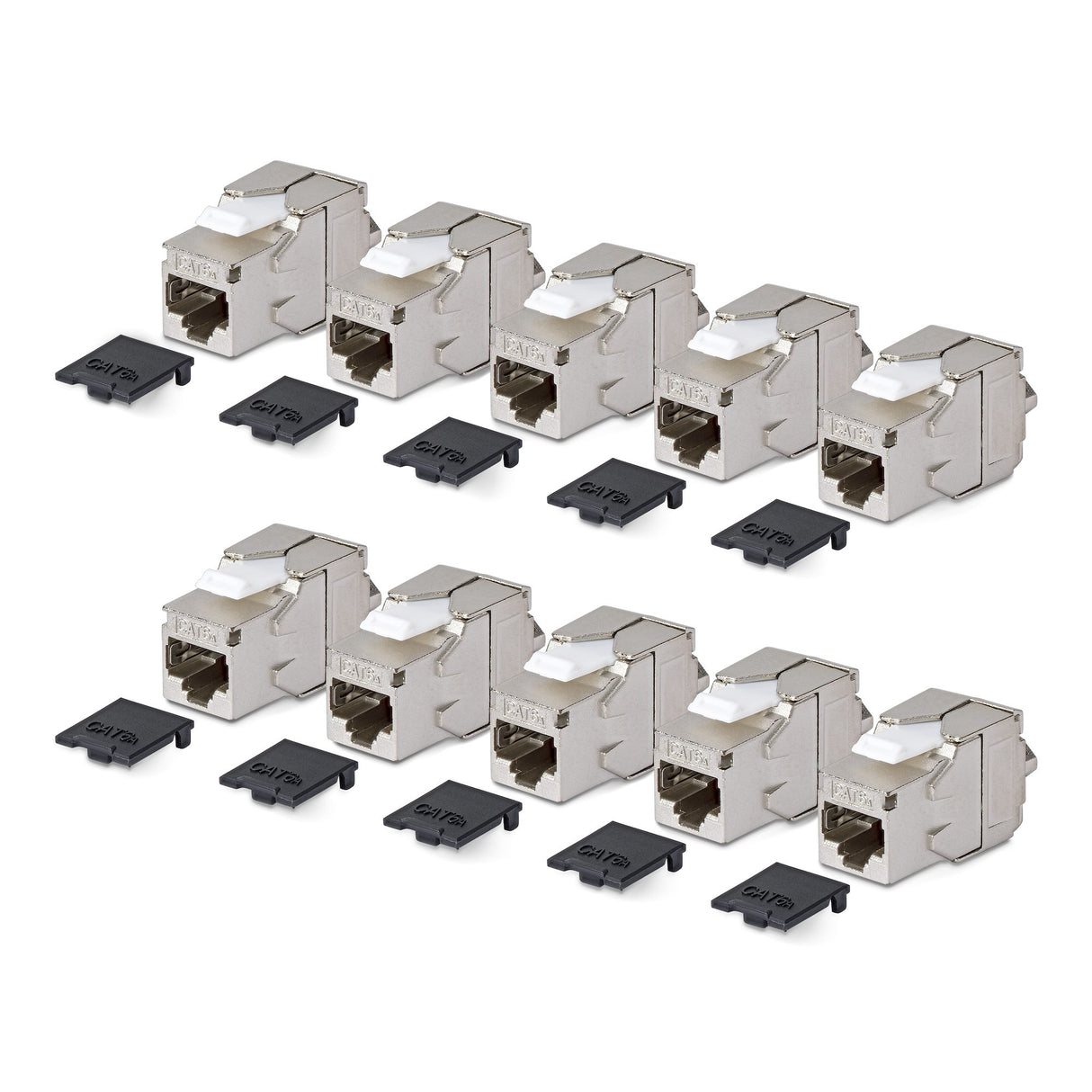 StarTech.com Shielded Cat6a Keystone Jack, 10-Pack RJ45 Ethernet Keystone Jacks, STP Cat6a Wall Jack, 180-Degree Toolless