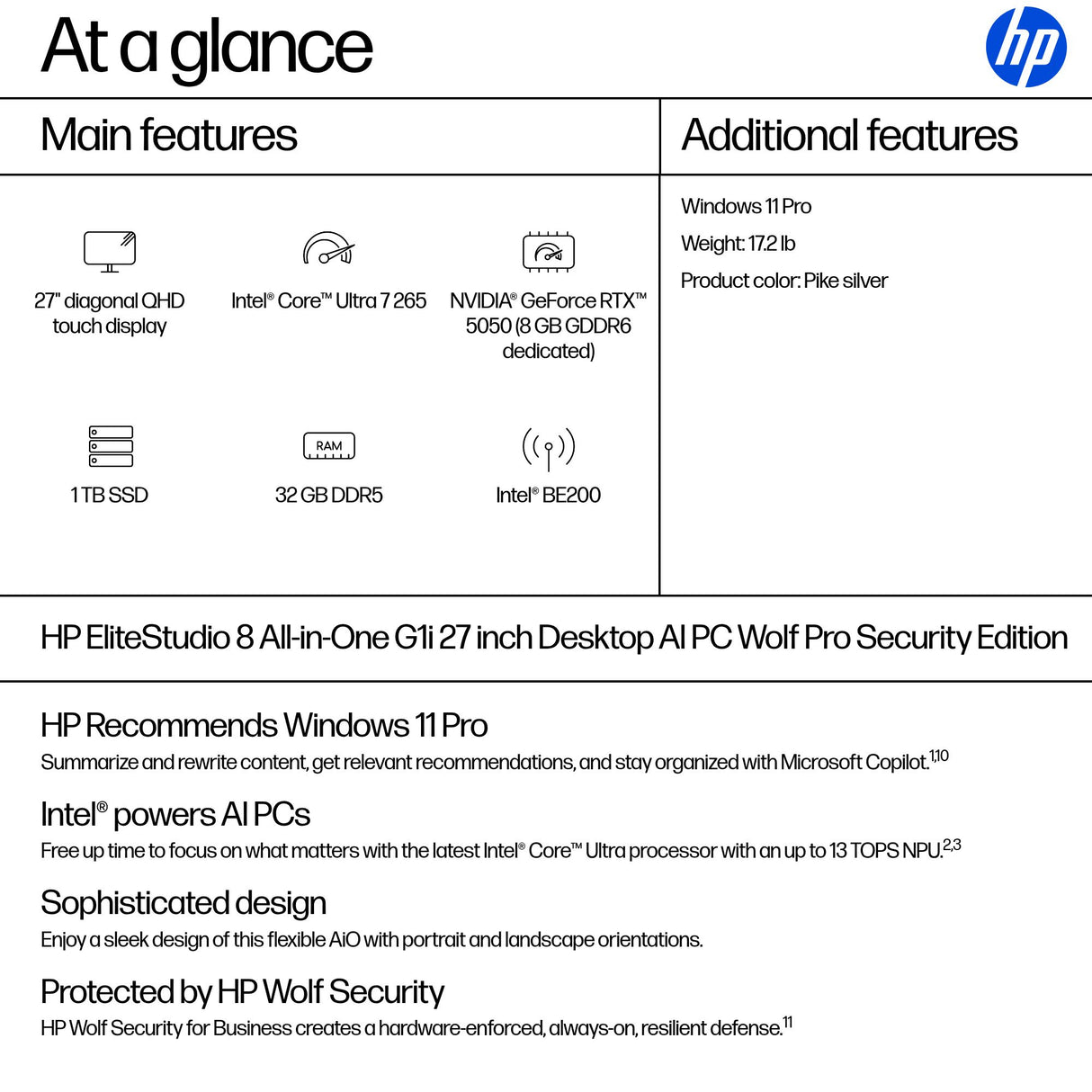 HP EliteStudio 8 G1i AI PC Wolf Pro Security Edition Intel Core Ultra 7 265 68.6 cm (27") 2560 x 1440 pixels Touchscreen All-in-One PC 32 GB DDR5-SDRAM 1 TB SSD Windows 11 Pro Wi-Fi 7 (802.11be) Silver
