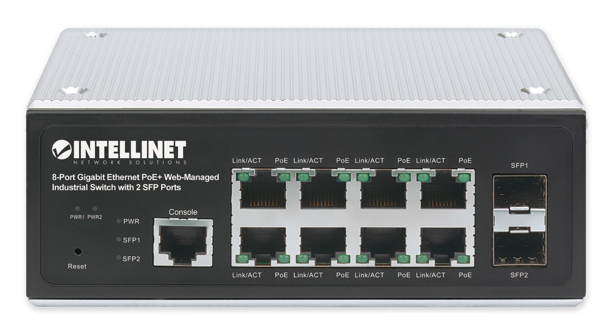 Intellinet Industrial 8-Port Gigabit Ethernet PoE+ Layer 2+ Web-Managed Switch with 2 SFP Ports IEEE 802.3at/af (PoE+/PoE) Compliant, PoE Power Budget up to 240 W, Layer 2+/Layer 3 Lite, IP30-Rated Metal Housing, Self-Healing Network, Endspan...
