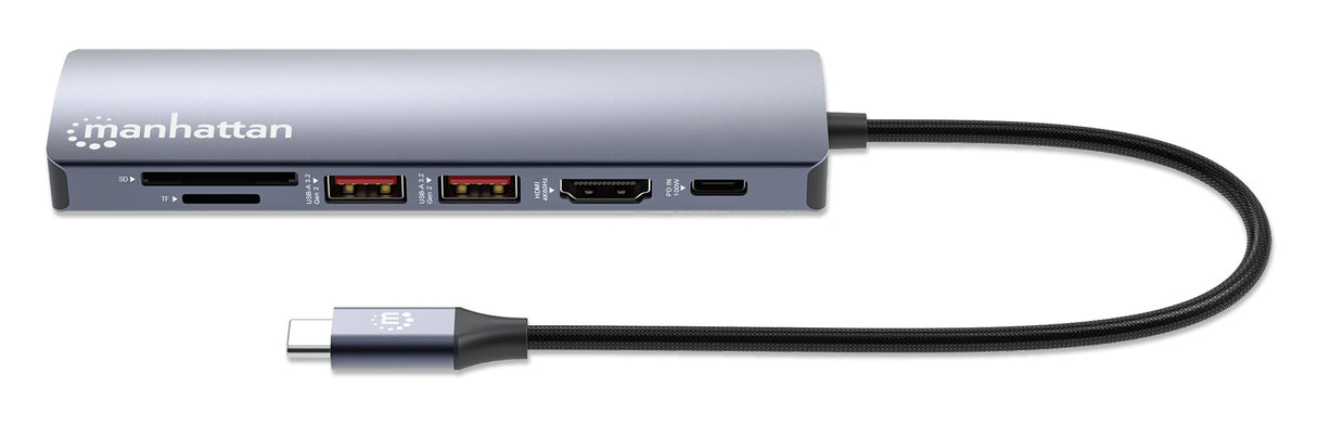 Manhattan USB-C Dock/Hub with Card Reader, Ports (x5): Ethernet, HDMI, USB-A (x2) and USB-C, with Power Delivery (PD) 100W- requires external USB-C charger (not included). USB powered (no external power supply required) when PD is not in use