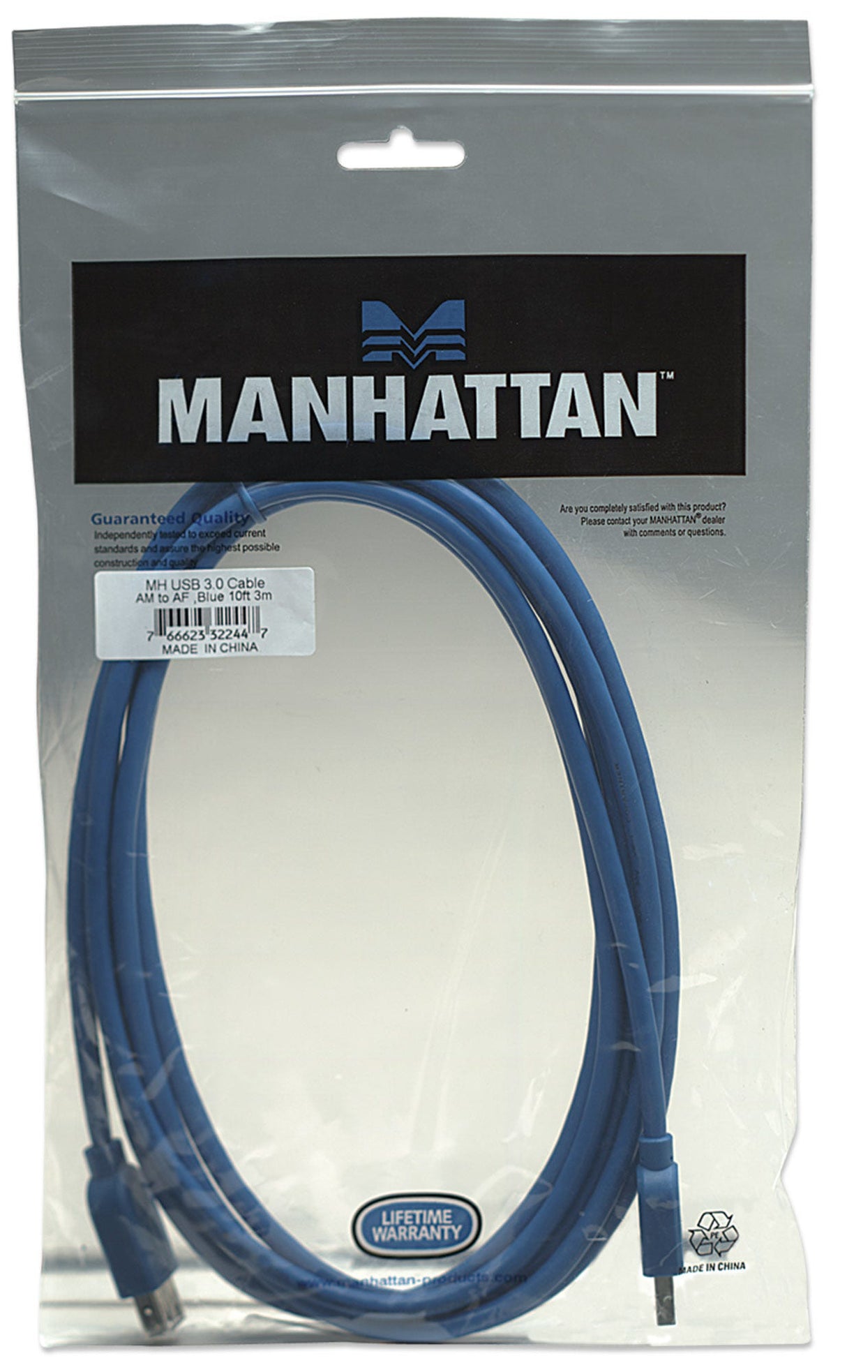 Manhattan USB-A to USB-A Extension Cable, 3m, Male to Female, 5 Gbps (USB 3.2 Gen1 aka USB 3.0), SuperSpeed USB, Blue, Lifetime Warranty, Polybag