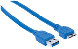 Manhattan USB-A to Micro-USB Cable, 0.5m, Male to Male, 5 Gbps (USB 3.2 Gen1 aka USB 3.0), SuperSpeed USB, Blue, Lifetime Warranty, Polybag