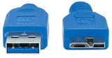 Manhattan USB-A to Micro-USB Cable, 0.5m, Male to Male, 5 Gbps (USB 3.2 Gen1 aka USB 3.0), SuperSpeed USB, Blue, Lifetime Warranty, Polybag