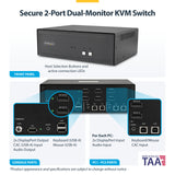 StarTech.com Secure 2-Port Dual-Monitor KVM Switch, DisplayPort, 4K 60Hz, NIAP 4.0 Desktop KVM, CAC, Metal Housing, Made in the USA