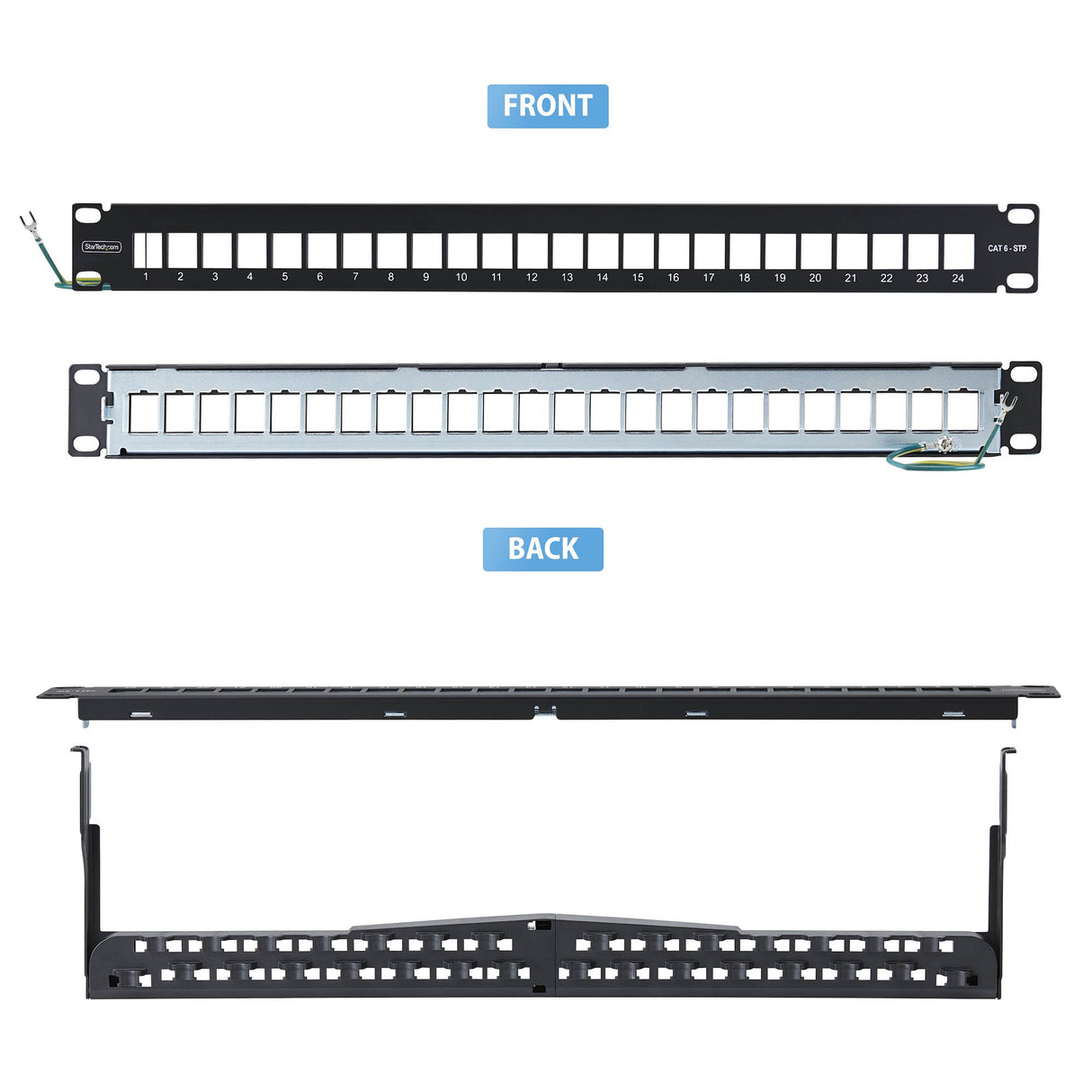 StarTech.com 24 Port 1U Blank Keystone Patch Panel with Cable Management Bar, Rackmount Cat6 Patch Panel for RJ45 STP Ethernet Network Jacks