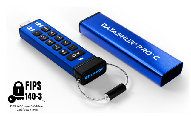 iStorage datAshur PRO+C 256GB | FIPS 140-3 Level 3 Certified | Secure USB Type-C drive | AES-XTS 256-bit Hardware Encryption | PIN protected | Type C-A adapter included
