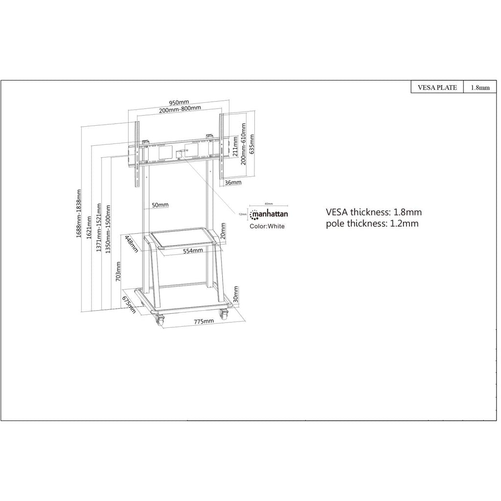Manhattan Trolley Mount Stand for TV & Monitors, For screens 37" to 100", VESA compatibility: all between 200x200 to 800x600mm - check the dimensions of the four mounting holes on back of screen to ensure it fits, Max 150kg, Black, LFD, Stand...