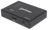 Manhattan HDMI Switch 3-Port (Compact), 4K@60Hz, Connects x3 HDMI sources to x1 display, Remote Control and Manual Switching (via button), AC Powered (cable 1.2m), Black, Three Year Warranty, Blister (With Euro 2-pin plug)
