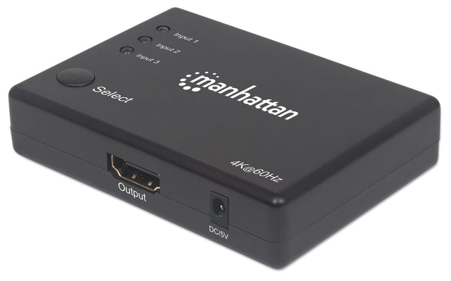 Manhattan HDMI Switch 3-Port (Compact), 4K@60Hz, Connects x3 HDMI sources to x1 display, Remote Control and Manual Switching (via button), AC Powered (cable 1.2m), Black, Three Year Warranty, Blister (With Euro 2-pin plug)